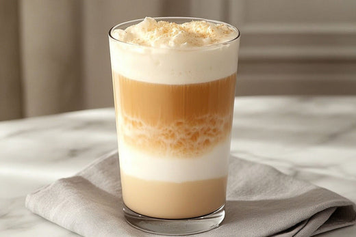 A tall glass of DIY Starbucks Cold Brew Sweet Cream Foam Coffee with a layer of smooth sweet cream foam on top. The drink is infused with WHOLH Mushroom Blend, offering a creamy, rich coffee experience with added cognitive and immune-boosting benefits.